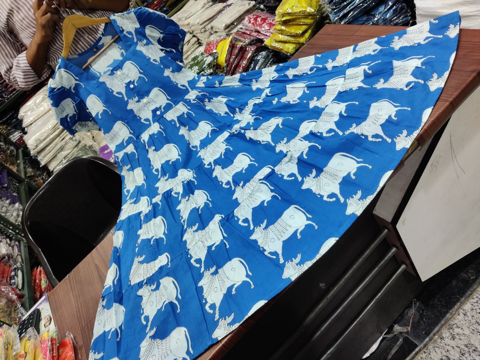 Sky Blue Printed Cotton Midi Gown Dress